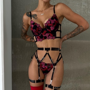 Romantic 3 Piece Lace Lingerie Set – Seductive Intimates with Heart Print and Strappy Garter Belt, Custom Sexy Underwear for Valentine’s Day
