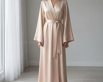 Vloerlengte zijden satijnen kimonogewaad, luxe lang gewaad voor vrouwen, elegante boudoirloungewear, bruidsdouchecadeau
