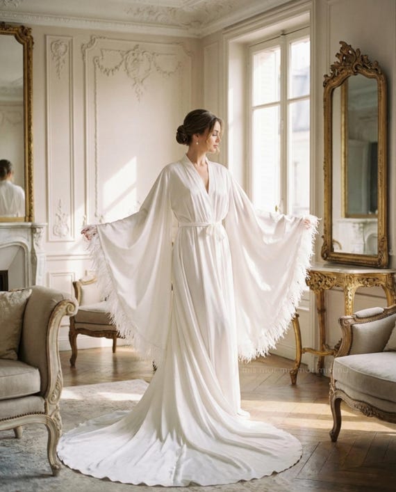 white satin feather dress Bridal Robe and Slip Dress Set, White Satin Feather Trim Lingerie Set, Luxury Wedding Morning Outfit