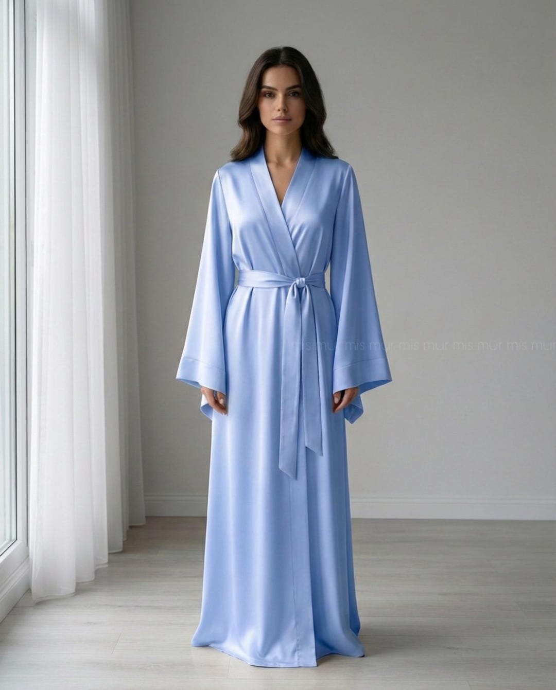 Light Blue Satin Robe, Long Women’s Kimono Robe, Elegant Home ...