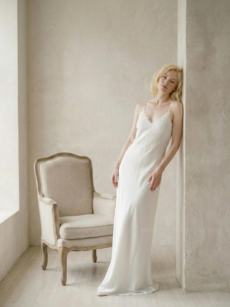 White Satin Bridal Slip Dress, Wedding Nightgown