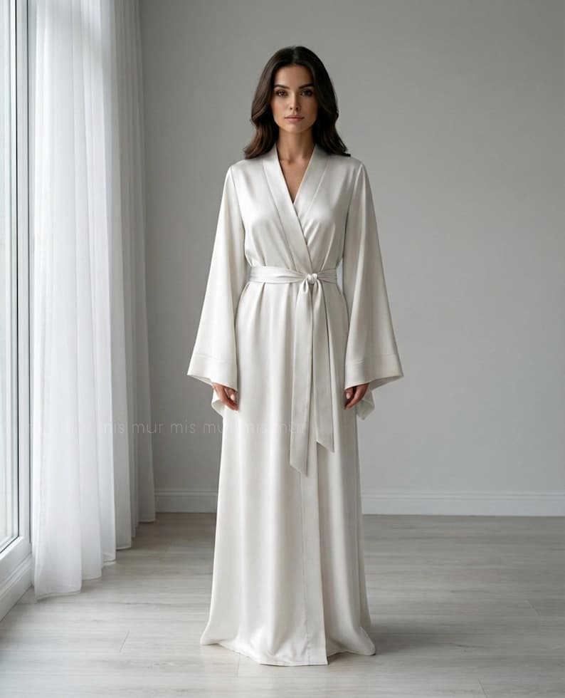 White Bride Robe Bridal White Floor Length Kimono Robe, Long Satin Silk Wedding Robe for ...