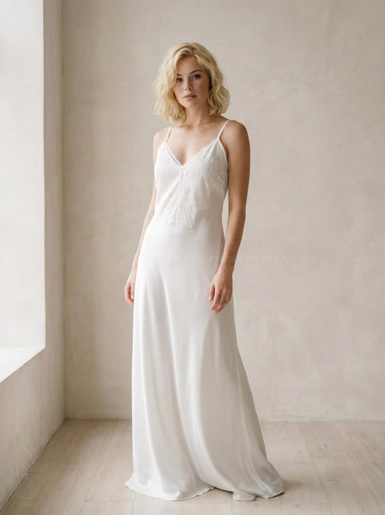 White Satin Bridal Slip Dress, Wedding Nightgown