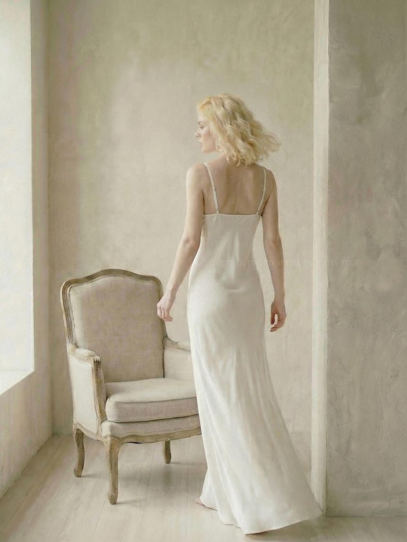 White Satin Bridal Slip Dress, Wedding Nightgown