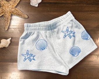 Seashell Print Sweat Shorts: Coastal Ocean Lover Clothing (PREORDER, Ships after June 12th)