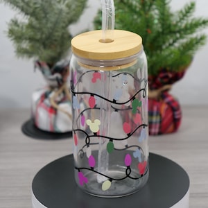 Disney Color-Changing Christmas Lights Glass Cup | 16 oz Libbey Glass Can | Cold Changing Christmas Cup | Minnie Mouse Cold Changing Cup |