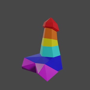 May include: A rainbow-colored geometric shape with a pointed top. The shape is made of multiple triangles and is reminiscent of a stylized arrow.