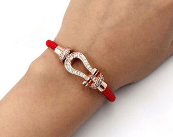 Horseshoe Magnet Buckle Crystal Diamond Bracelet, Stainless Steel, Red Rope Wire, Unisex Jewelry