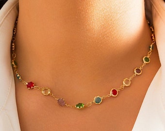 Multi Color Stone Gold Necklace, Charm Chain, Rainbow Crystal