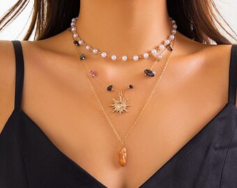 Pearl Birth Stone Gem Triple Layer Necklace Set