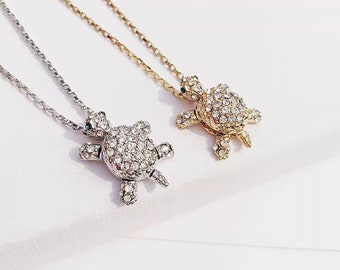 Schildpad diamanten kristallen hanger ketting, schildpad liefhebbers, zilver goud