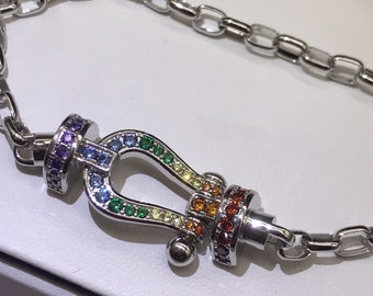 Rainbow Horseshoe Magnet Buckle Crystal Diamond Chain Link Bracelet, Stainless Steel, Silver Pride Jewelry