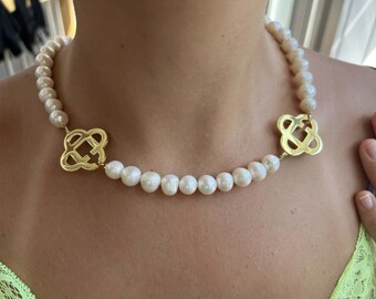 Gold Pearl Charm Choker Necklace