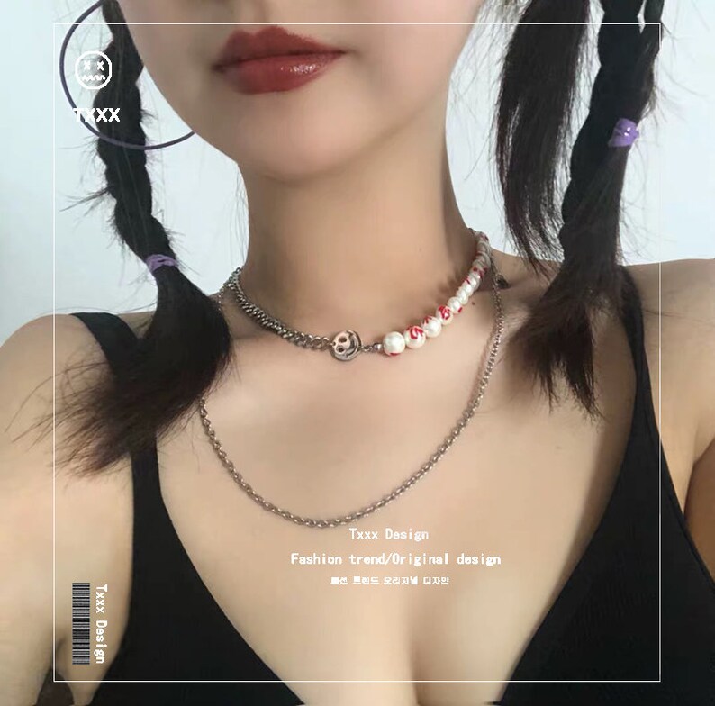 Bloody Pearl Smiley Chain Necklace