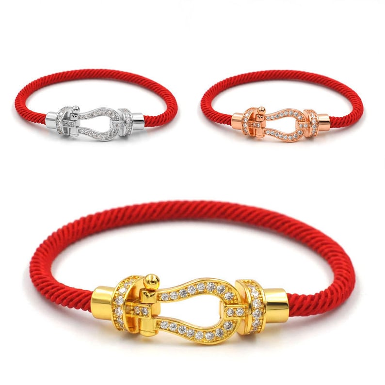 Horseshoe Magnet Buckle Crystal Diamond Bracelet, Stainless Steel, Red Rope Wire, Unisex Jewelry image 2