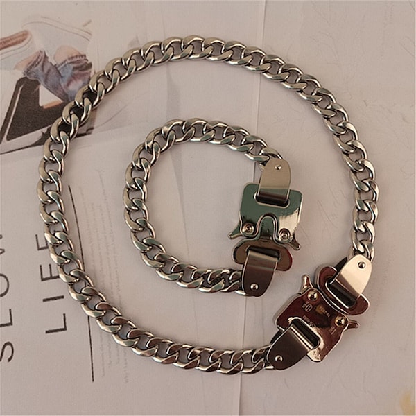 Silver Chrome Buckle Chain Necklace and Bracelet Set Snap Fastening