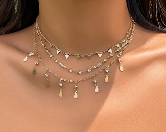 Pearl Birth Stone Gem Triple Layer Necklace Set