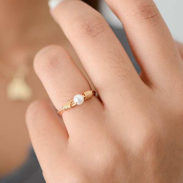 Dainty White Pearl Ring, Wire Wrapped Pearl Ring, Gold and Silver Wire Wrapped Pearl Ring, Simple and Elegant Pearl Ring, White Pearl Ring