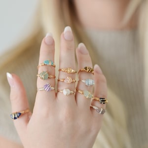 Anillo de plata auténtica con cristales rellenos de oro de 14 quilates, anillos personalizados con delicados cristales envueltos en alambre, anillos con piedras preciosas únicas, anillos para mujer, anillo, anillos