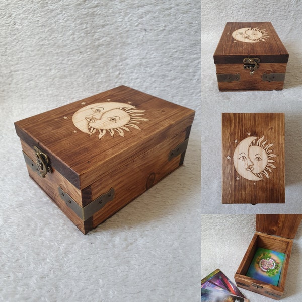 Handmade, Hand Drawn, Hand Pyrography Sun and Moon Tarot Card and Oracle Card Box
