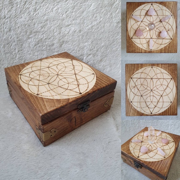 Handmade Crystal Grid Box - Handcrafted with a Hand Drawn Hand Pyrography Crystal Grid