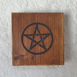 Handmade Small Wooden Pentacle Plaque 10cm x 10cm - made from reclaimed wood. The Pentacle represents Spirit, Water, Fire, Earth and Air