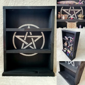 Handmade Freestanding Witches Shelves made from reclaimed wood in Black Ebony stain & wax with a large engraved Pentacle infilled in silver.