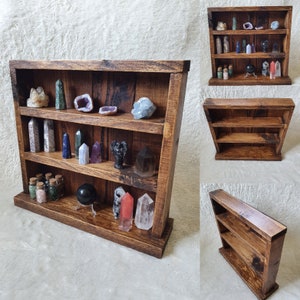 Handmade Freestanding Rustic Crystal Shelves made from reclaimed wood in dark tudor oak.