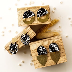 Black Polka Dot Earrings. Gold and Black with White Dots Dangles. Polymer Clay. Light weight. Talking Thyme. Handmade. Valentine&#39;s Day Gift.
