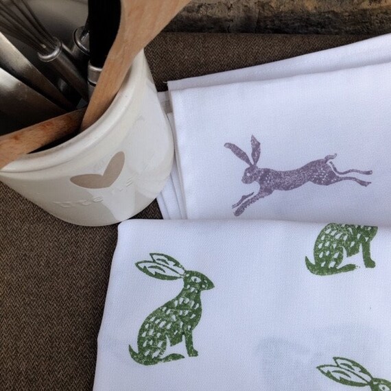 Block Printed Tea Towels Wild Hares 2 Pack | Etsy