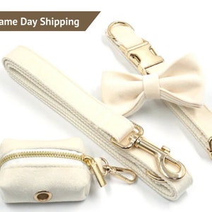 White Dog Collar Leash Set, Handmade Puppy Collar Leash Poo Bag Carrier, Dog Collar Lead for Pets Birthday Gift, Free Shipping