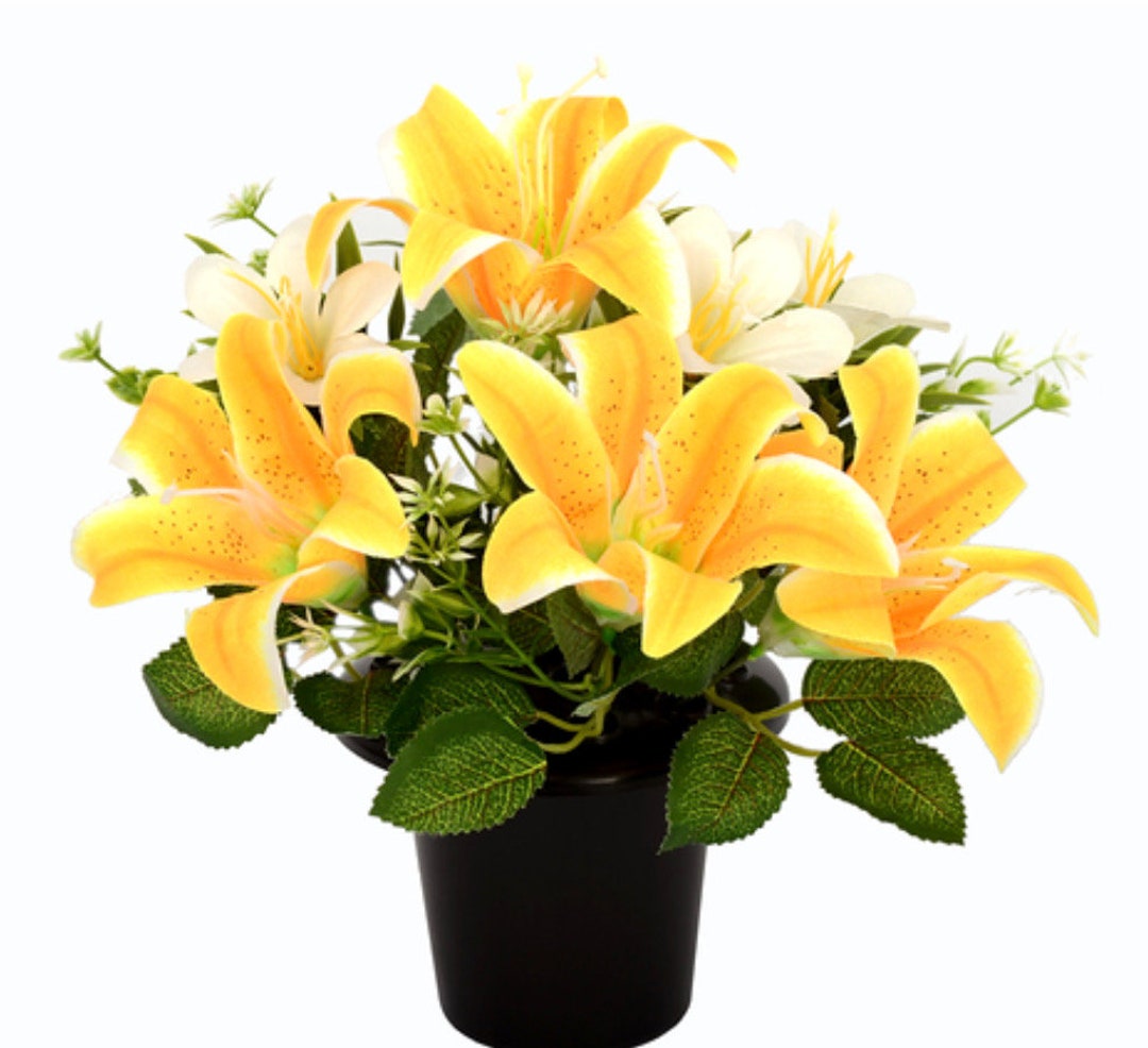 Artificial Memorial Grave Pot With Yellow Lilies, Ivory Flowers and
