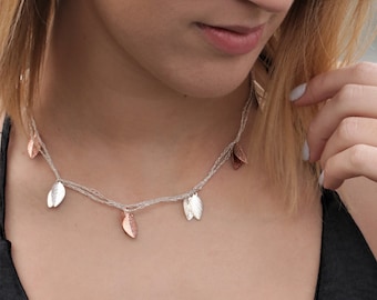 Boho Silver Silk Open Necklace , Rose Gold Silver Leaves Y Lariat