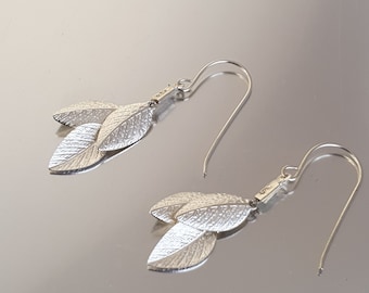 Short Drop Earrings: Delicate Silver Leaves & Knitted Silk