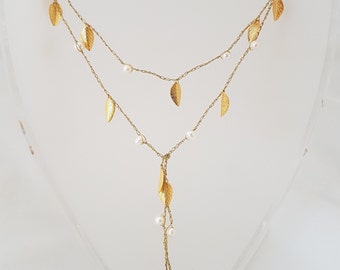 Gold Silk Open Necklace with Leaves & Pearls - Leaf Y Lariat