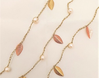 Gold silk open necklace, Gold Rose gold leaves with pearls, Leaf Y necklace, Open lariat Open necklace leaf, Botanical jewelry, Gift for her