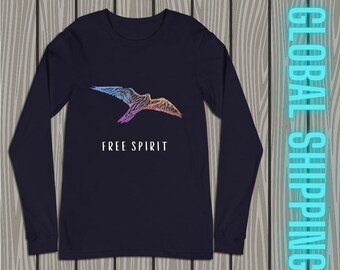 Free Spirit Tee Colourful Peregrine Falcon Bird Design Top Hippie Style White Text Long Sleeve Unisex T-Shirt