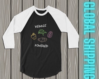 T-shirt unisexe à propulsion végétale, t-shirt de style Raglan de tortue, haut à manches 3/4 de longueur de tortue, cadeau d’amoureux de reptile végétarien mignon