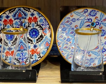 traditional Turkish tea glasses hand work Tea glass set for 6 people floral coasters gold trimmed evel eye tea spoons