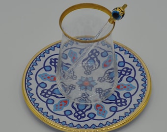 traditional Turkish tea glasses hand work Tea glass set for 6 people floral coasters gold trimmed evel eye tea spoons
