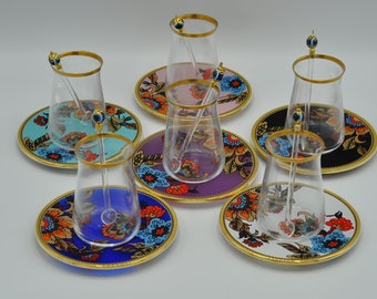 traditional Turkish tea glasses hand work Tea glass set for 6 people floral coasters gold trimmed evel eye tea spoons