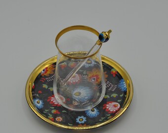 traditional Turkish tea glasses hand work Tea glass set for 6 people floral coasters gold trimmed evel eye tea spoons