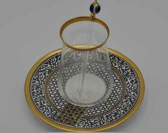 traditional Turkish tea glasses hand work Tea glass set for 6 people floral coasters gold trimmed evel eye tea spoons