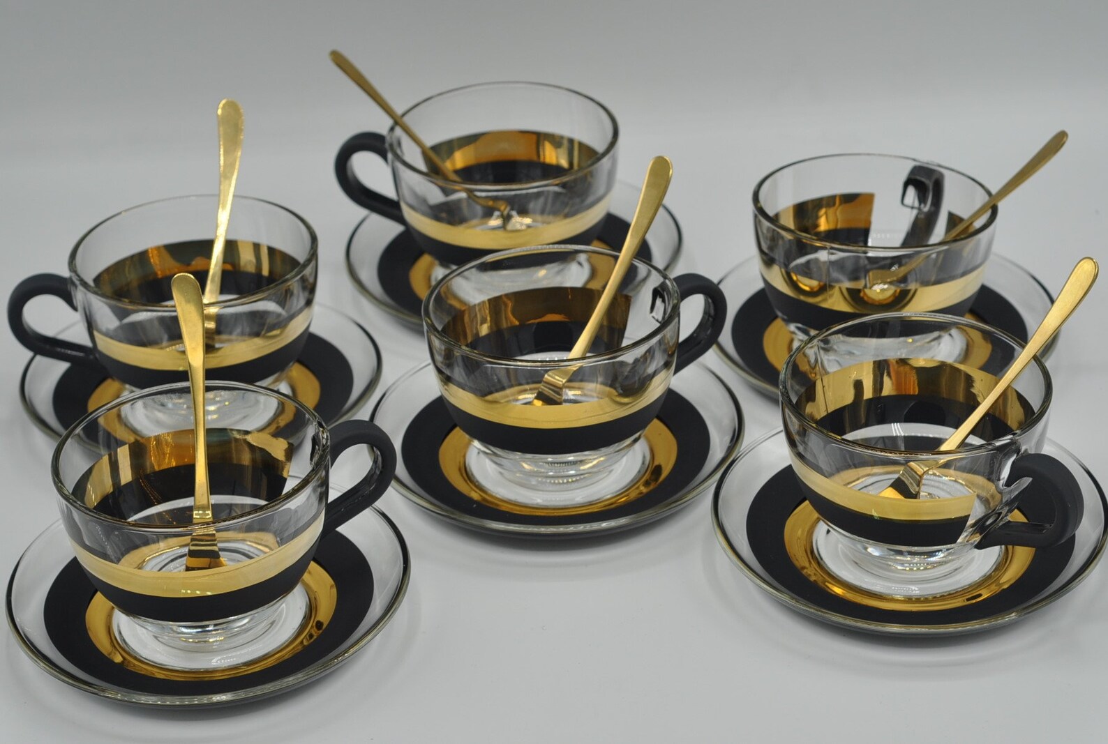 Real gold striped glass tea cup set for 6 black and gold Etsy