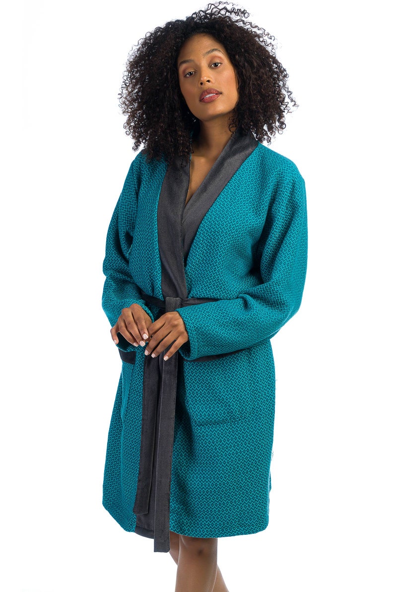 Unisex Cotton Dressing Gown With Velvet Trimming Green Pure Etsy