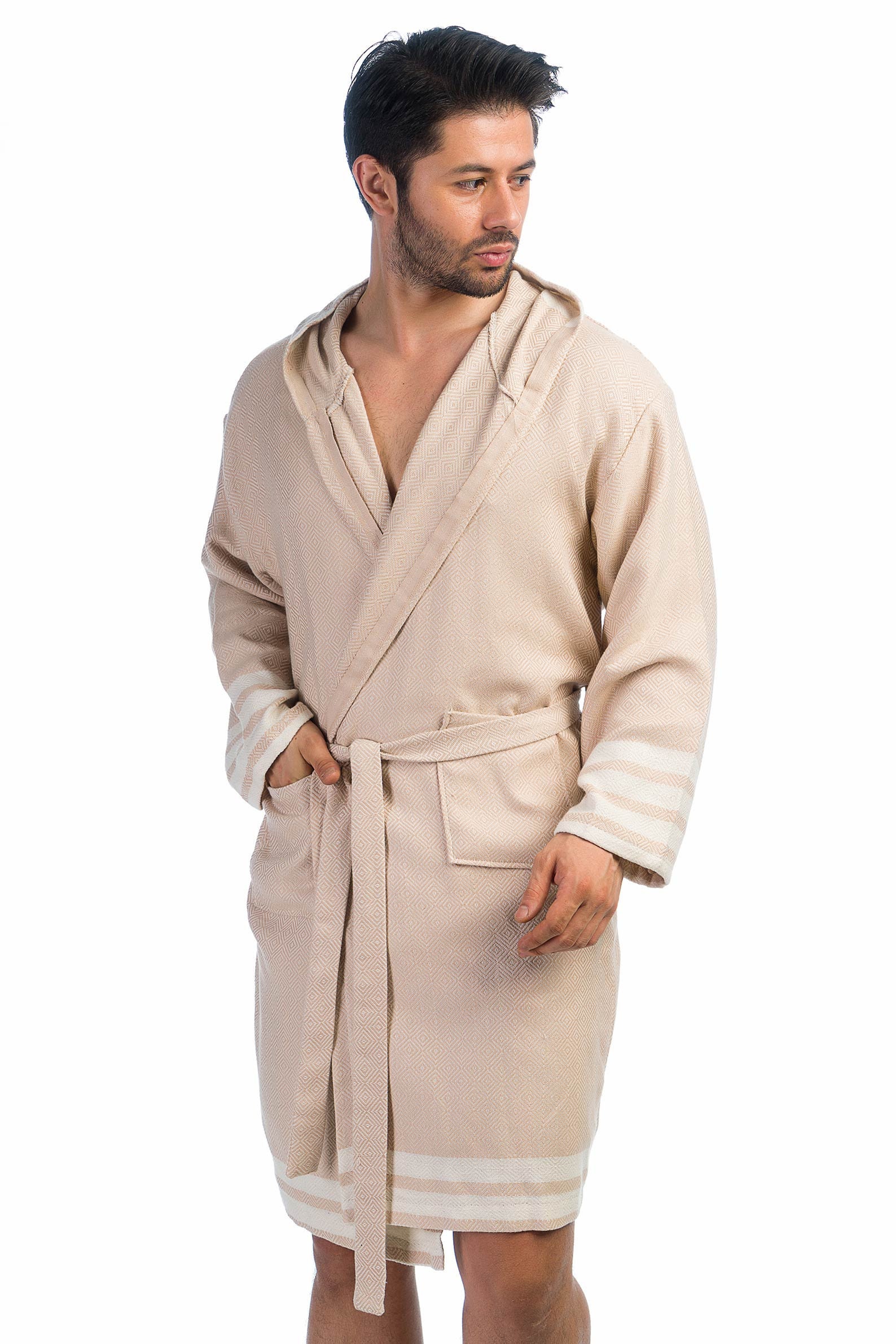 Turkish Cotton Robe for Men Beige Hooded Bathrobe Kimono Etsy