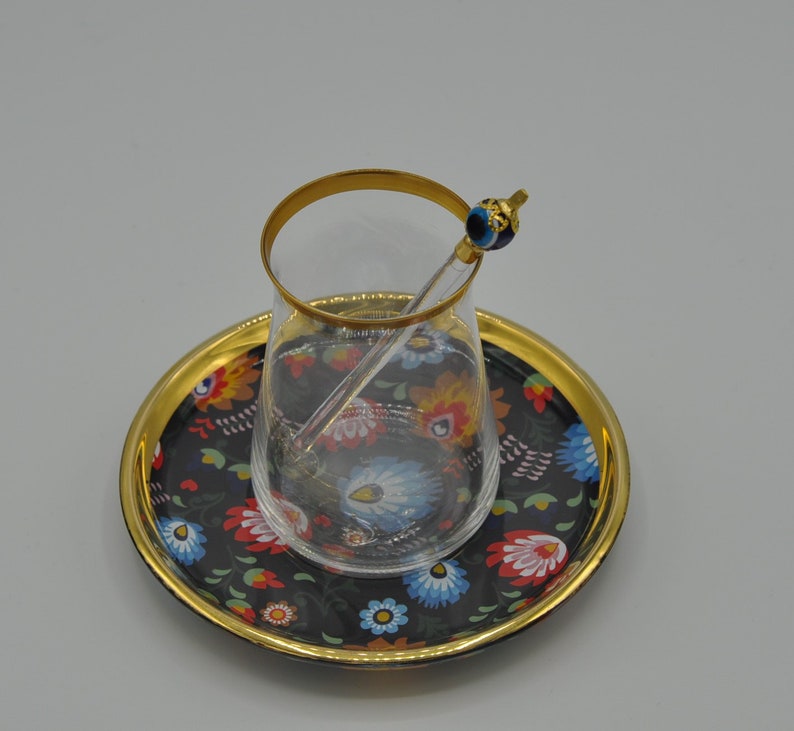 traditional Turkish tea glasses hand work Tea glass set for 6 people floral coasters gold trimmed evel eye tea spoons