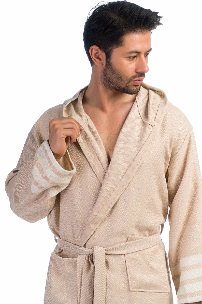 Turkish Cotton Robe for Men Beige Hooded Bathrobe Kimono Etsy