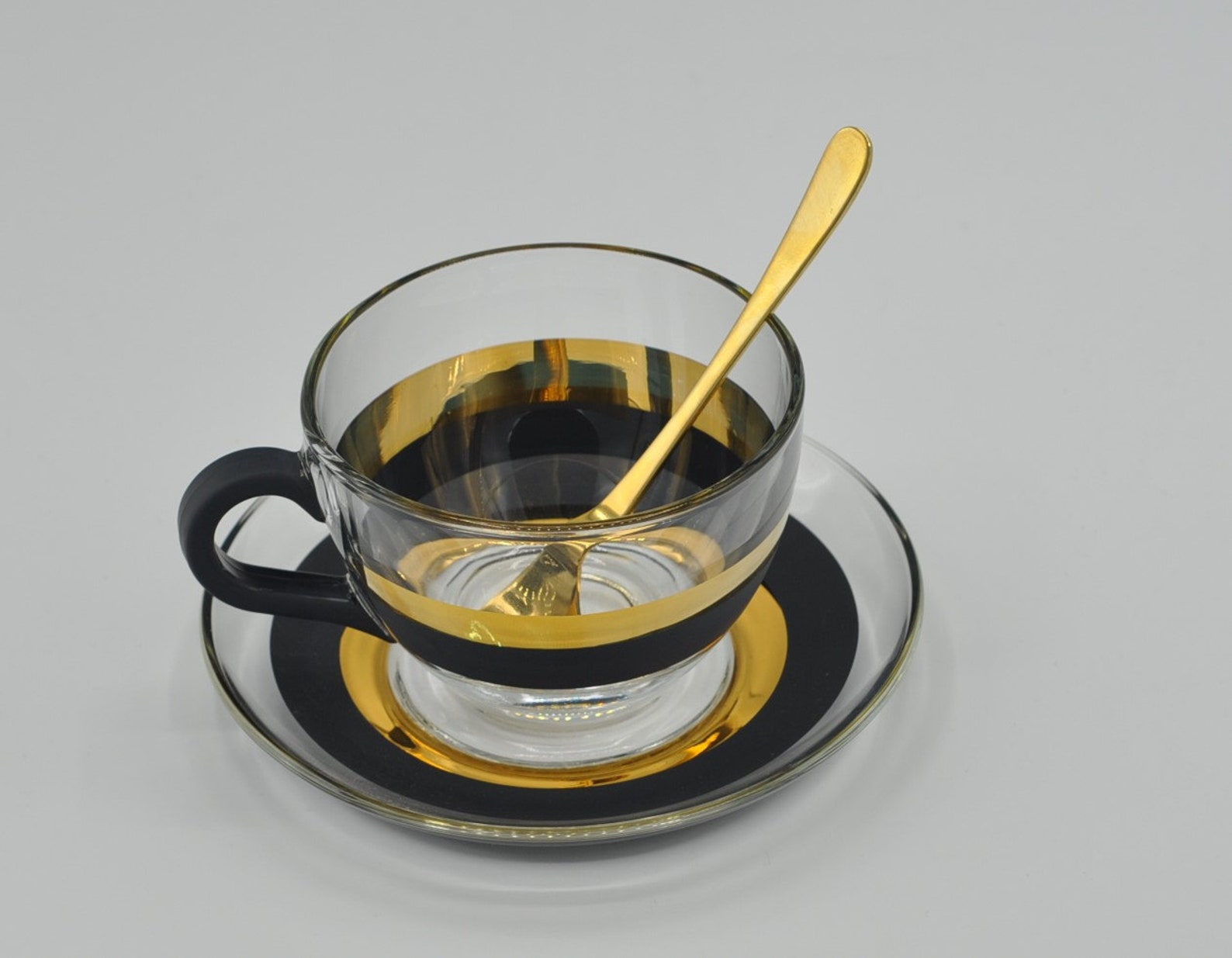 Real gold striped glass tea cup set for 6 black and gold Etsy