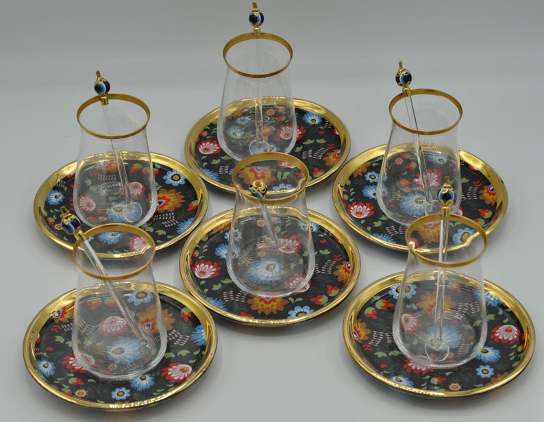 traditional Turkish tea glasses hand work Tea glass set for 6 people floral coasters gold trimmed evel eye tea spoons